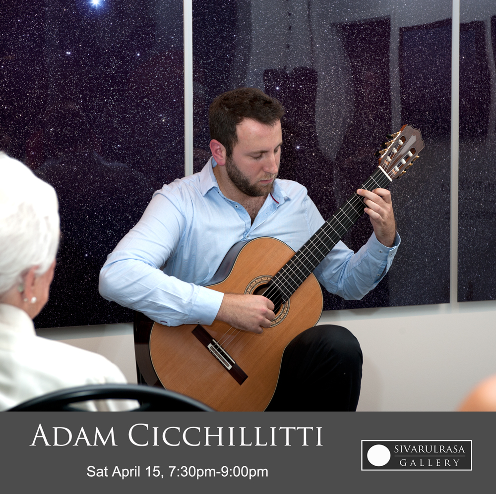 Adam Cicchillitti classical guitarist at Sivarulrasa Gallery in Almonte, Ontario